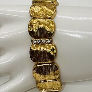 Gold Tone Textured Stretch Bracelet with Rhinestone bars
